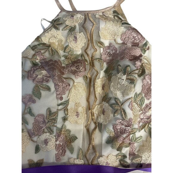Floral Embroidered Halter Maxi Dress With Ruffled Tulle Skirt & Purple Waist Tie - Picture 16 of 16